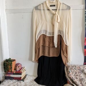 Twin-set Colorblock Tiered Ruffle Neck Tie Bow Long Sleeve Georgette Dress XS